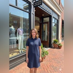 Banana Republic Navy Striped Jeweled Embellished Collar Midi Dress w/ Pockets